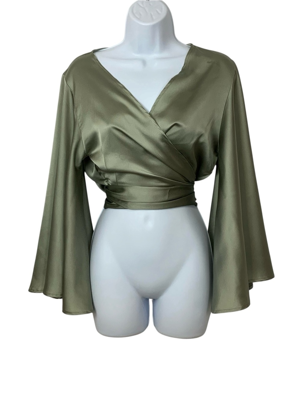 Hers & Mine Olive Satin Wrap Blouse